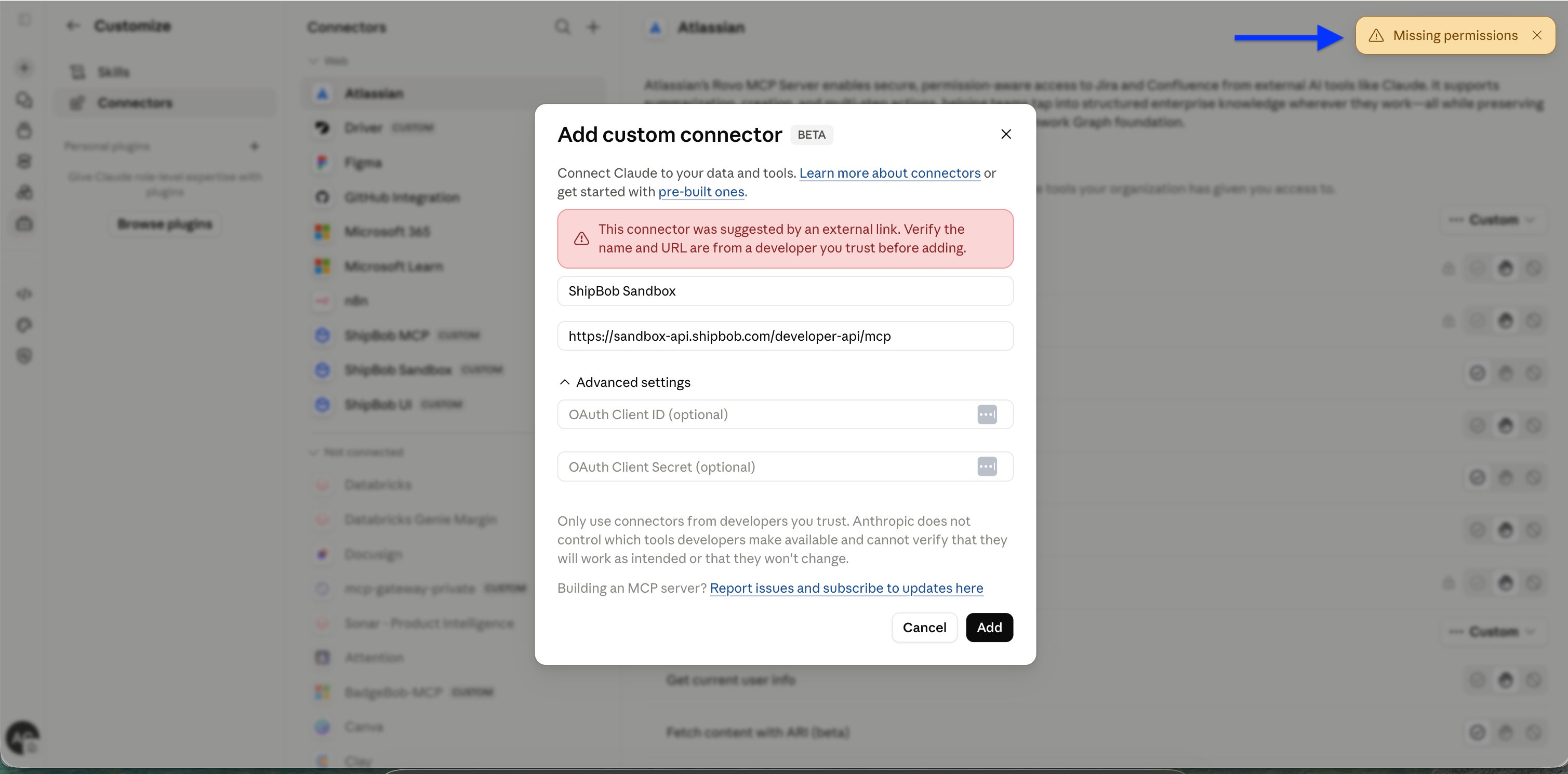 Missing permissions error on the Add custom connector screen