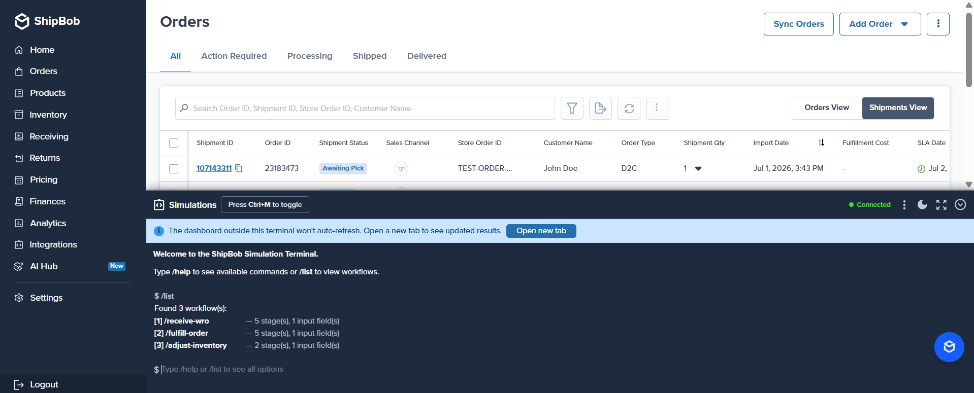 Simulation Terminal on the Orders page