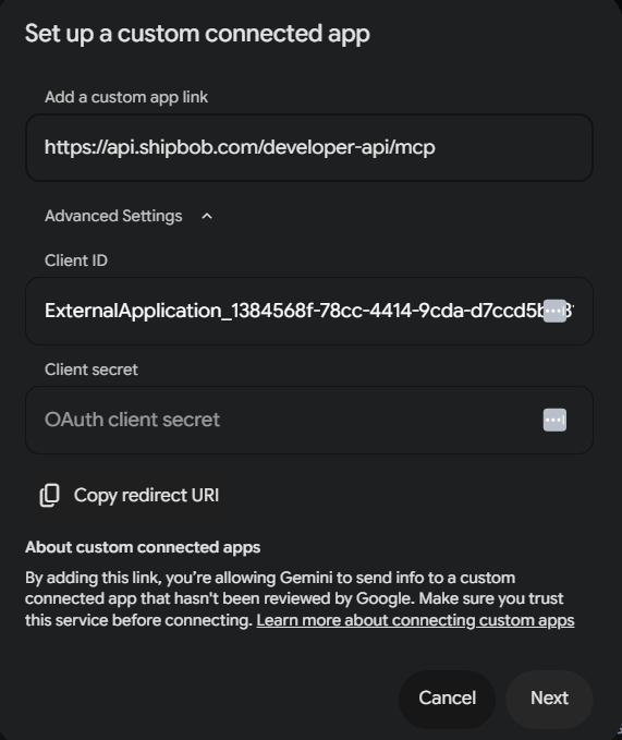 Gemini Spark Client ID prompt with the ShipBob-issued OAuth client ID entered