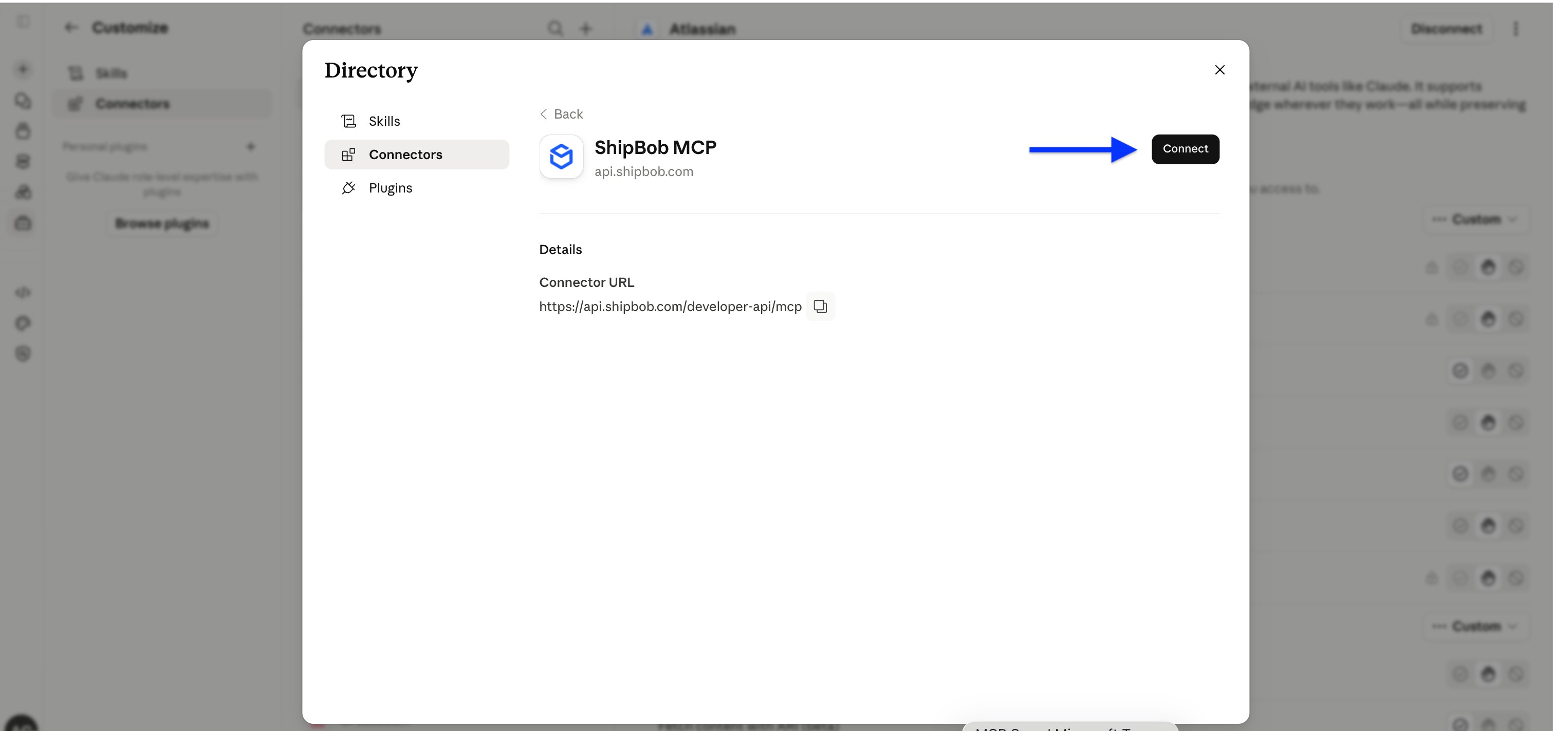 Connect button on the ShipBob MCP connector page