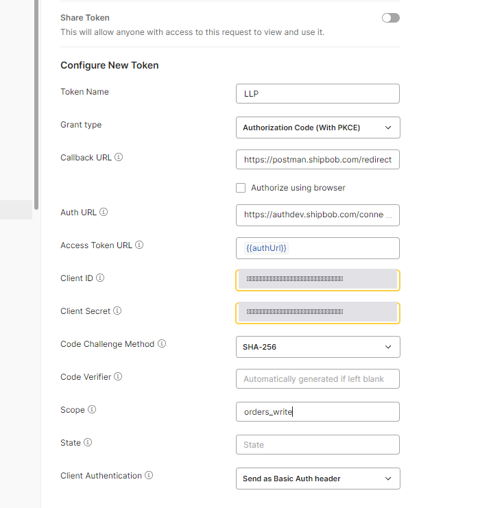 Postman OAuth 2.0 token configuration for ShipBob Logistics