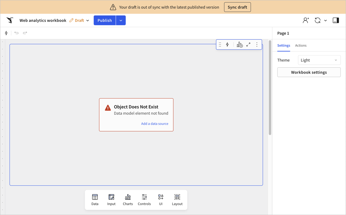 Web analytics workbook displaying a message that your draft is out of sync with the latest published version and an option to sync draft. In the workbook canvas, an element appears with an Object Does Not Exist error message.