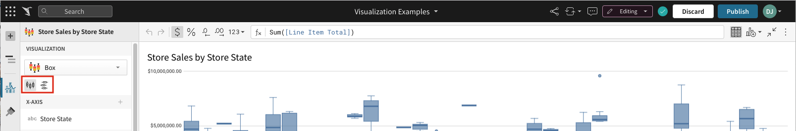 The chart editor panel with the horizontal display orientation icon button highlighted next to the vertical orientation icon.