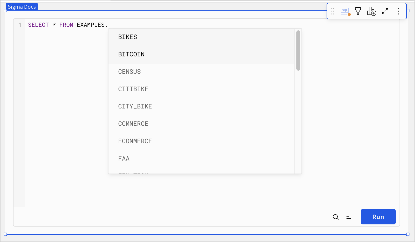 SQL element in a workbook with SQL syntax of select * from EXAMPLES., with an autocomplete dropdown suggesting multiple available schemas such as BITCOIN, BIKES, CENSUS, and more.