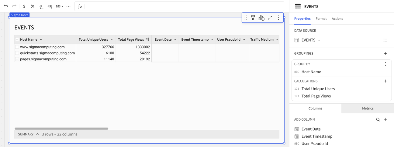 A table named EVENTS grouped by Host Name and collapsed to show 3 summarized hosts, with Total Unique Users and Total Page Views totals for each, and the editor panel displaying both calculations under the Host Name grouping.