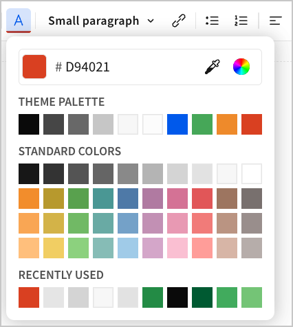 The text color picker with hex code D94021 entered to set the FOR INTERNAL USE ONLY text to a red-orange color.