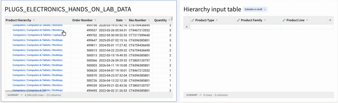 Shows user clicking a row in a Product Hierarchy column, which adds a new row to an input table containing the Product Type, Product Family, and Product Line from the selected row.
