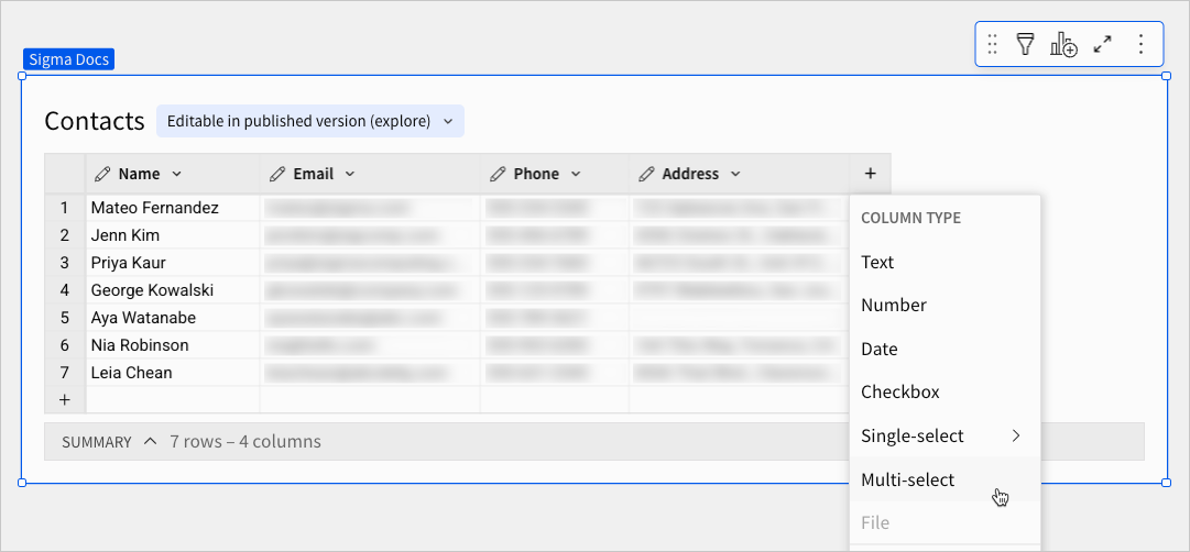Image showing an input table with the column type menu open and cursor hovering over the Multi-select option.