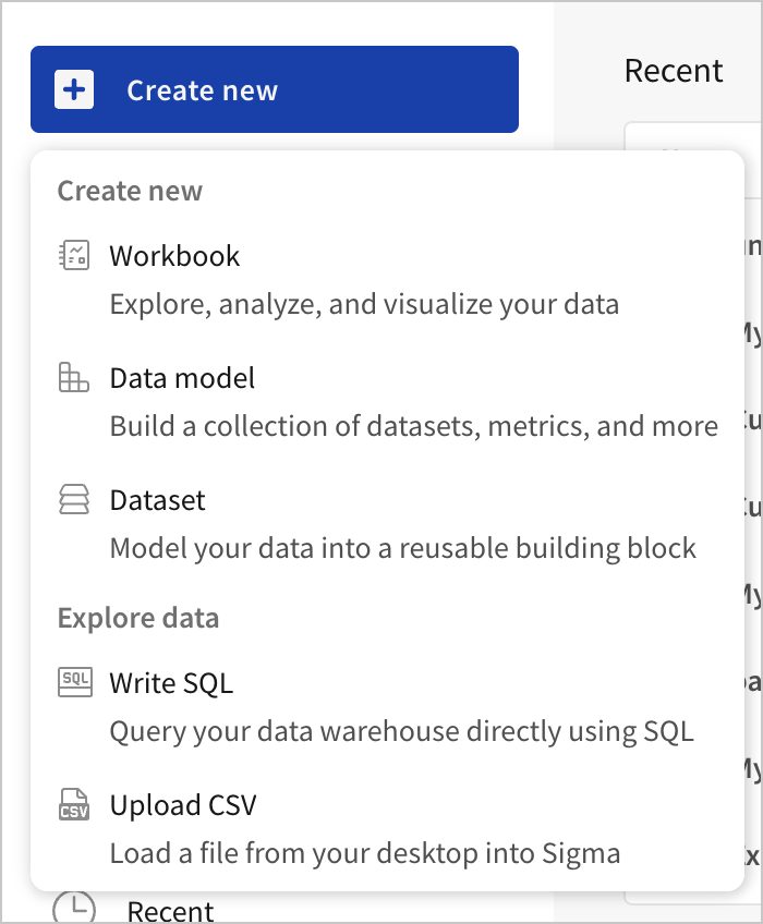 Create New menu open and displaying the following options shown are Workbook, Dataset, Data Model, Write SQL, and Upload CSV.