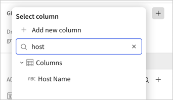 The Select column popover with 'host' entered in the search box and Host Name listed as a matching column.