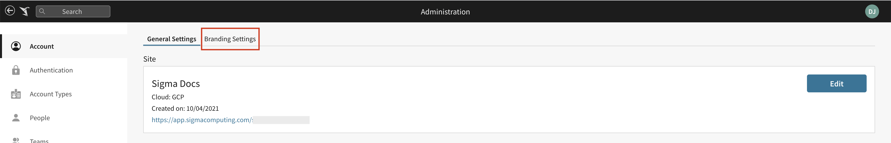 The Administration page with the Branding Settings tab highlighted next to General Settings.