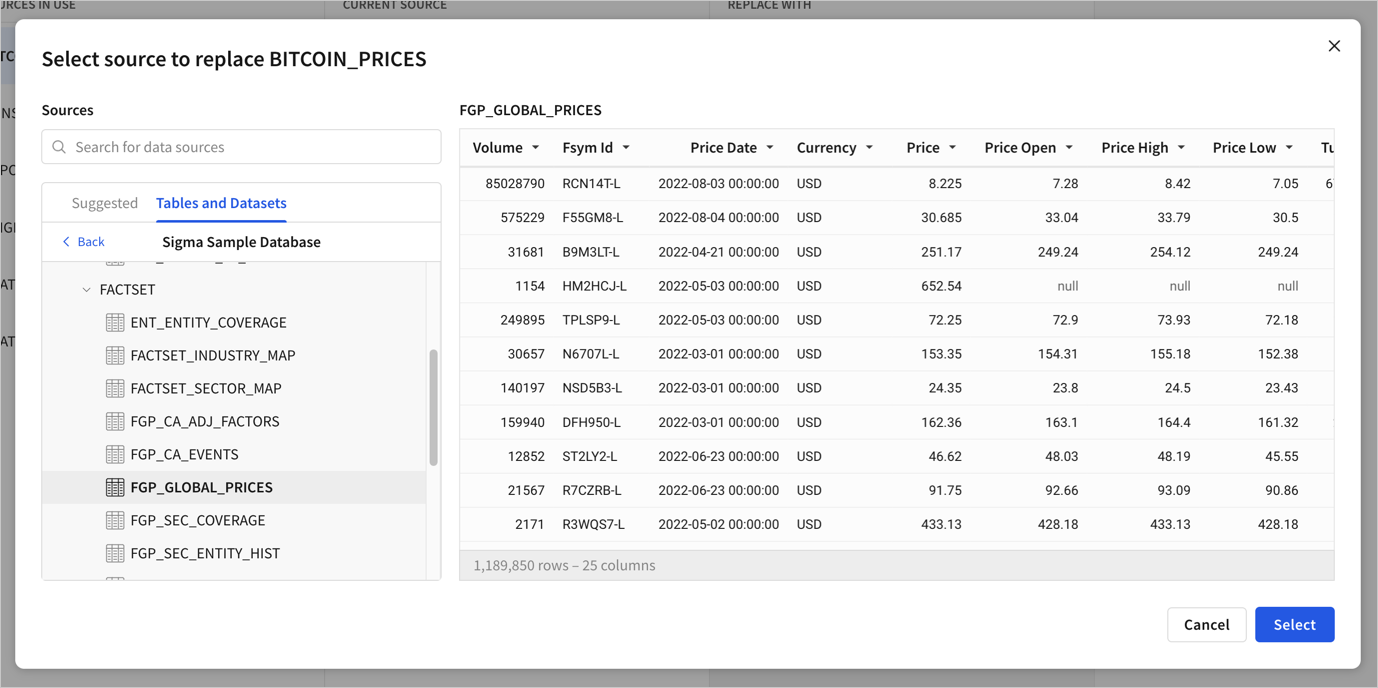 Select source to replace the current one, in this case, Bitcoin Prices, with a search and browse interface on the left and a column preview of the selected future source on the right.