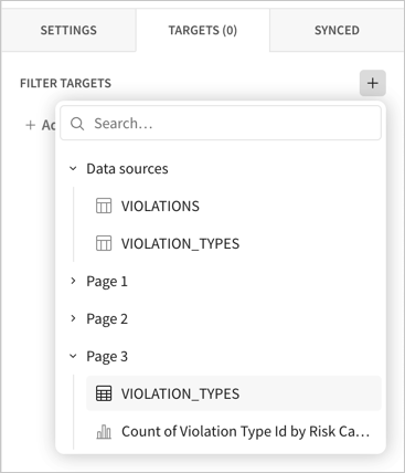 The target selection drop-down with a search box, listing the VIOLATIONS and VIOLATION_TYPES data sources and expandable pages, with the VIOLATION_TYPES table on Page 3 highlighted.