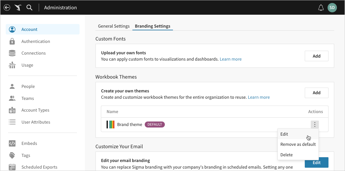 More menu for a specific theme open, showing Edit, Remove as default, and Delete options.