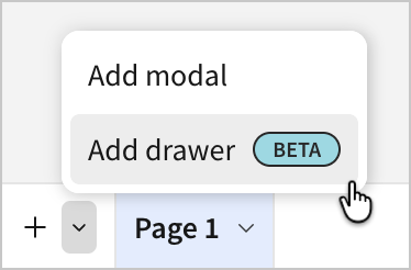 The workbook footer More options menu showing the Add modal and Add drawer options, with Add drawer marked as Beta.