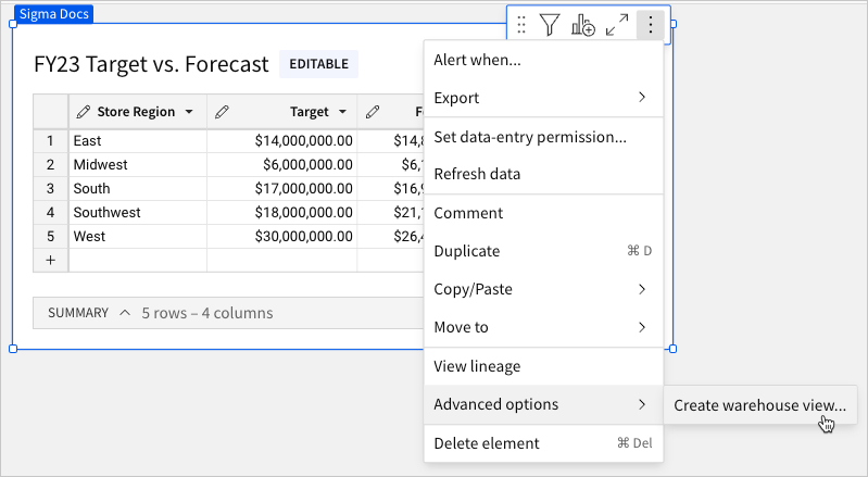 Element menu open to show the option for creating a warehouse view on a table element.