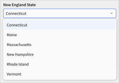 A segmented control labeled New England State collapsed into a drop-down menu, open to show the values Connecticut, Maine, Massachusetts, New Hampshire, Rhode Island, and Vermont.
