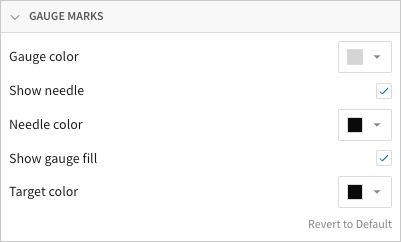 Gauge marks section with options for Gauge color, Show needle checkbox selected, Needle color, Show gauge fill checkbox selected, and Target color.