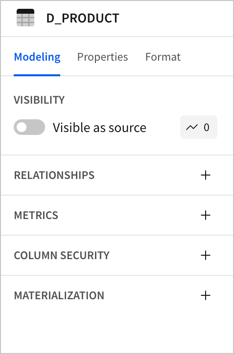 A toggle in the editor panel of the data model named Visible as source set to the "off" position, making the selected data element unavailable and not seeable as a data source for downstream users of the data model.