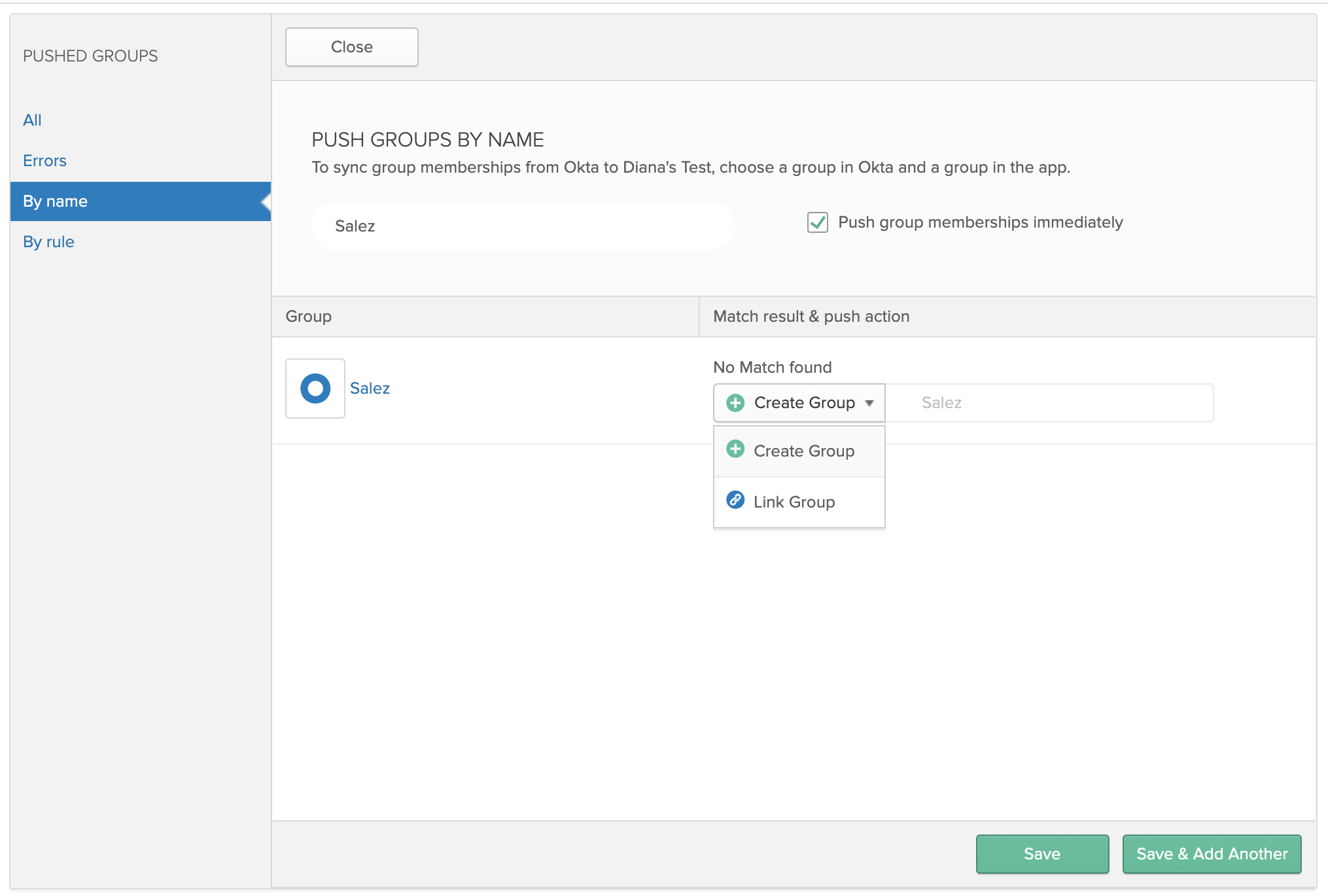 The Push Groups by name panel in Okta with a group selected, showing the push action menu open with Create Group and Link Group options.