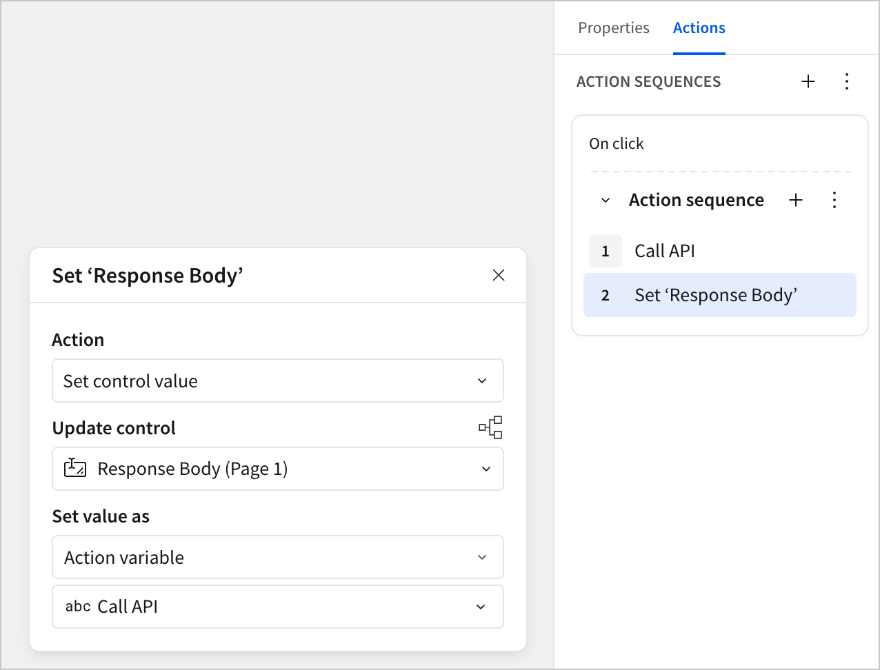 A Set control value action configured to display the response body of a Call API action in a text area control