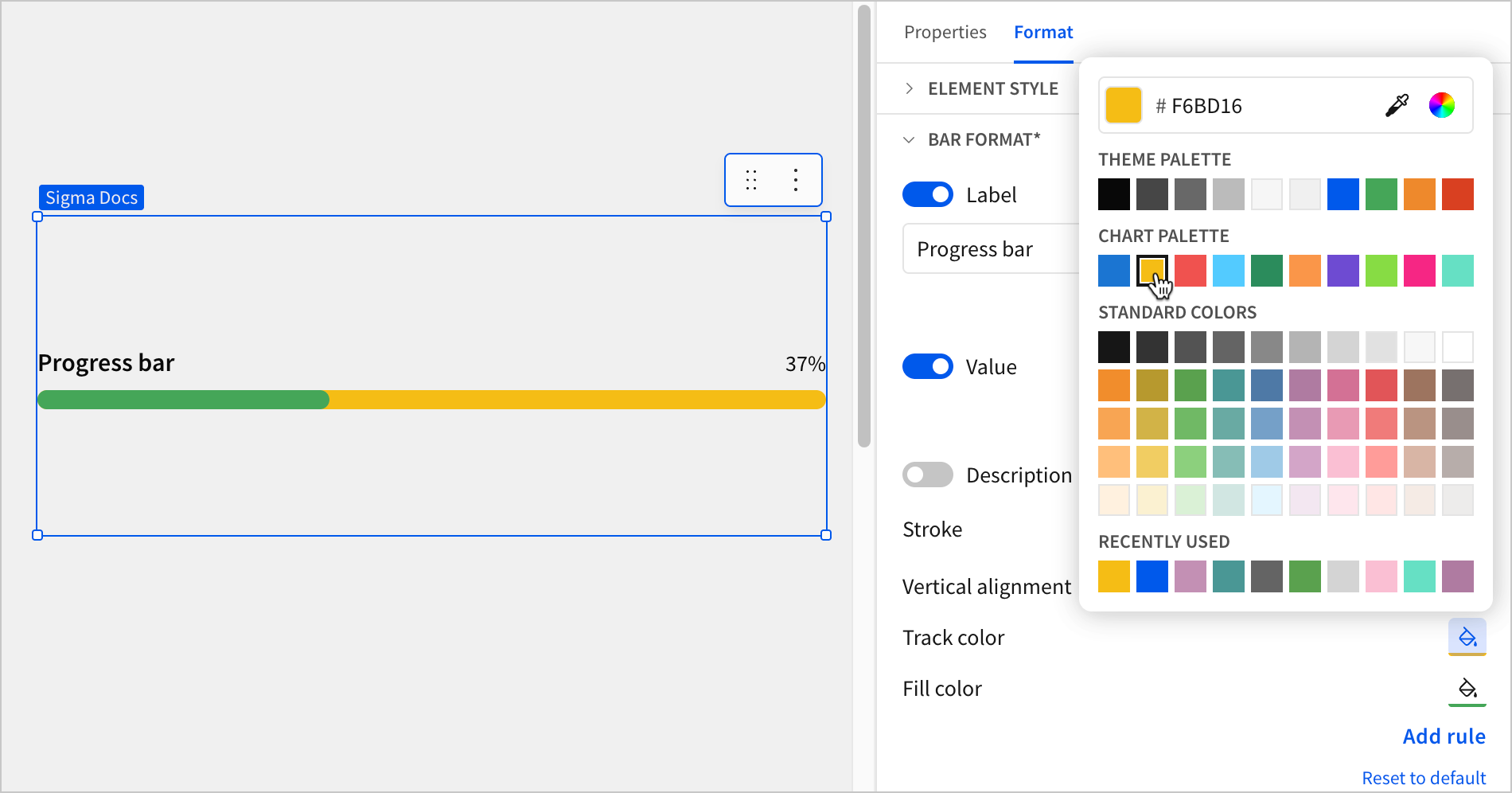 Progress bar element showing a green fill and a yellow track, with the Format tab open in the editor panel, the Bar format section expanded, and a color picker open showing a yellow swatch selected under Track color.