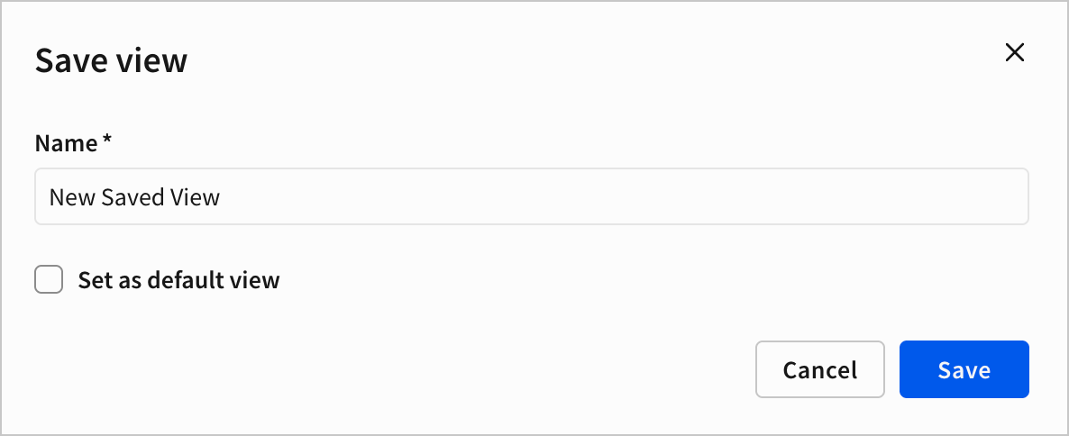 The Save view modal with the text field set to the default of "New Saved View"