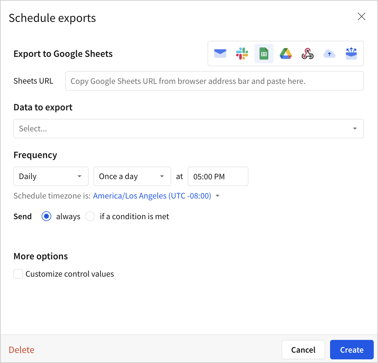 The Schedule exports modal with Google Sheets selected as the export destination, showing the Sheets URL field, a data selector, and a daily frequency set to 5:00 PM.