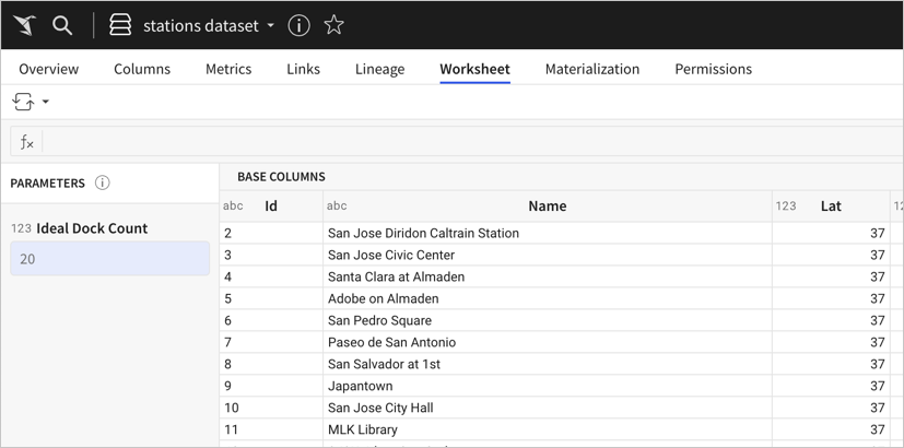 Dataset worksheet for the Stations table from the Sigma Sample Connection with a parameter for Ideal Dock Count, with a value of 20.