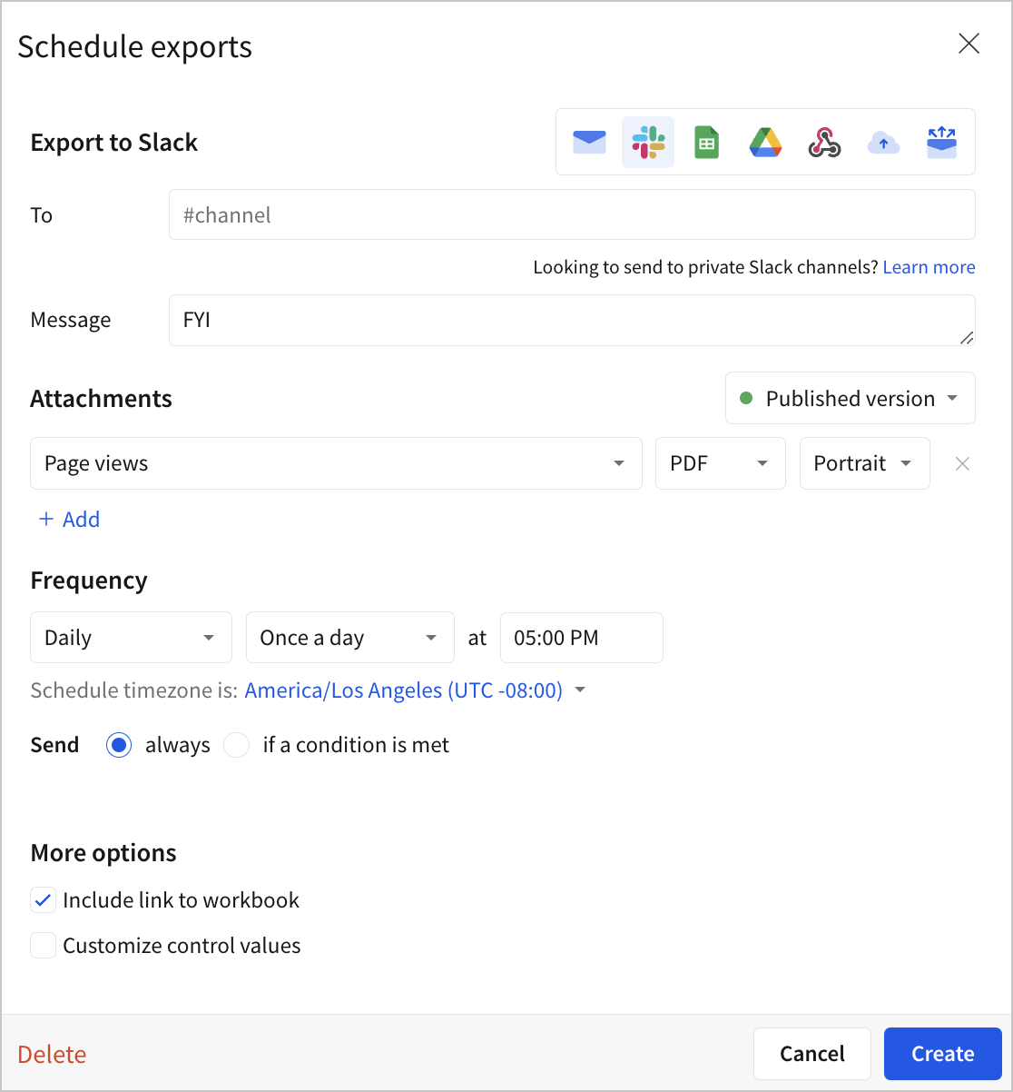 The Schedule exports modal with Slack selected as the export destination, showing the To and Message fields, Page views selected as the attachment, and a daily frequency set to 5:00 PM.