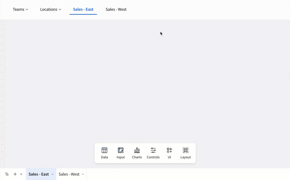 A navigation bar in a page header, with the workbook page changing as different navigation options are selected.