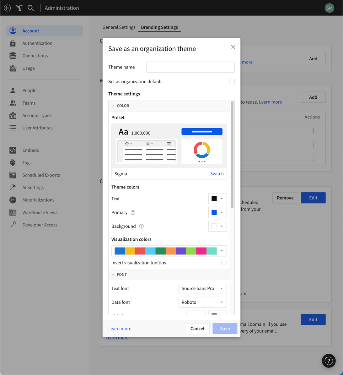 Image of the Save as an organization theme modal, with color and font theme settings visible in addition to the options described in surrounding text.