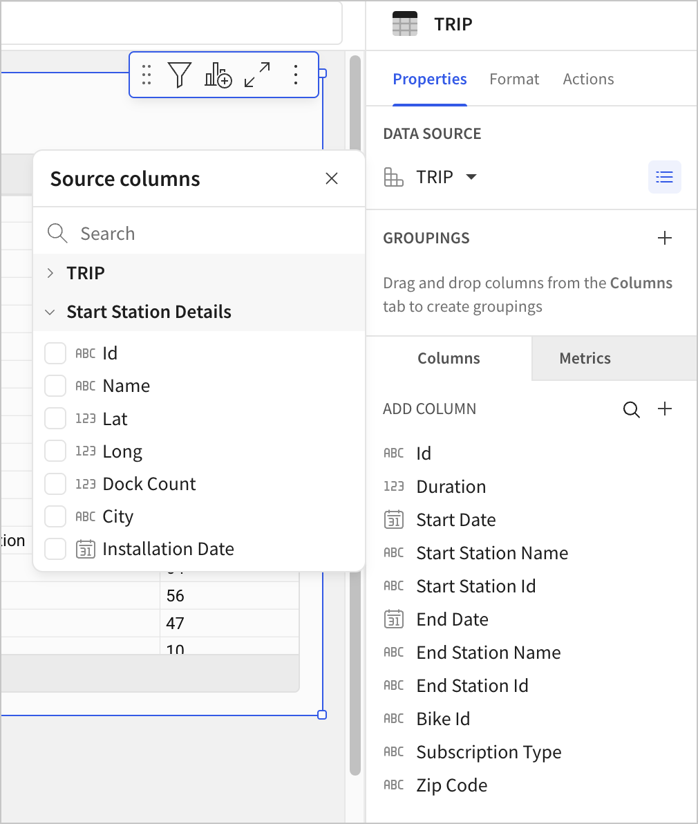 Related columns available in a workbook from the Stations table, after the Trip table from the data model is added as a data source.