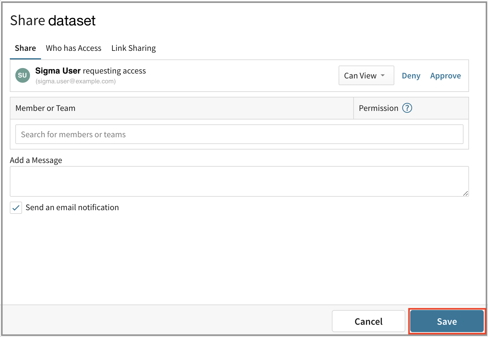 The Share dataset modal with the Save button highlighted after resolving an access request.