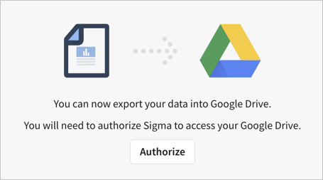 Dialog showing you can now export your data into Google Drive. You will need to authorize Sigma to access your Google Drive.