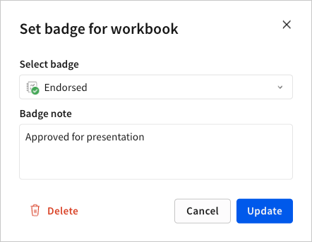Set badge for a workbook modal, with the Endorsed badge selected and a description of Approved for presentation.