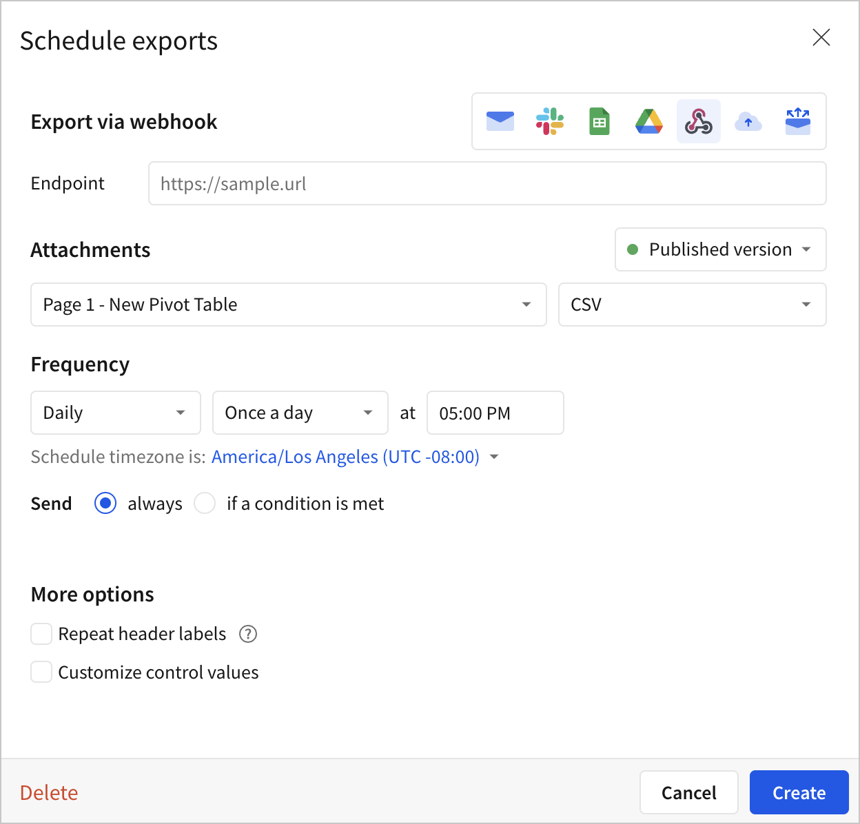 The Schedule exports modal with webhook selected as the export destination, showing the Endpoint field, a CSV attachment, and a daily frequency set to 5:00 PM.