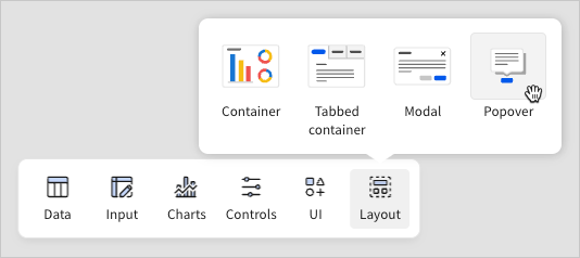 The Add element bar with Layout selected, showing Container, Tabbed container, Modal, and Popover options.