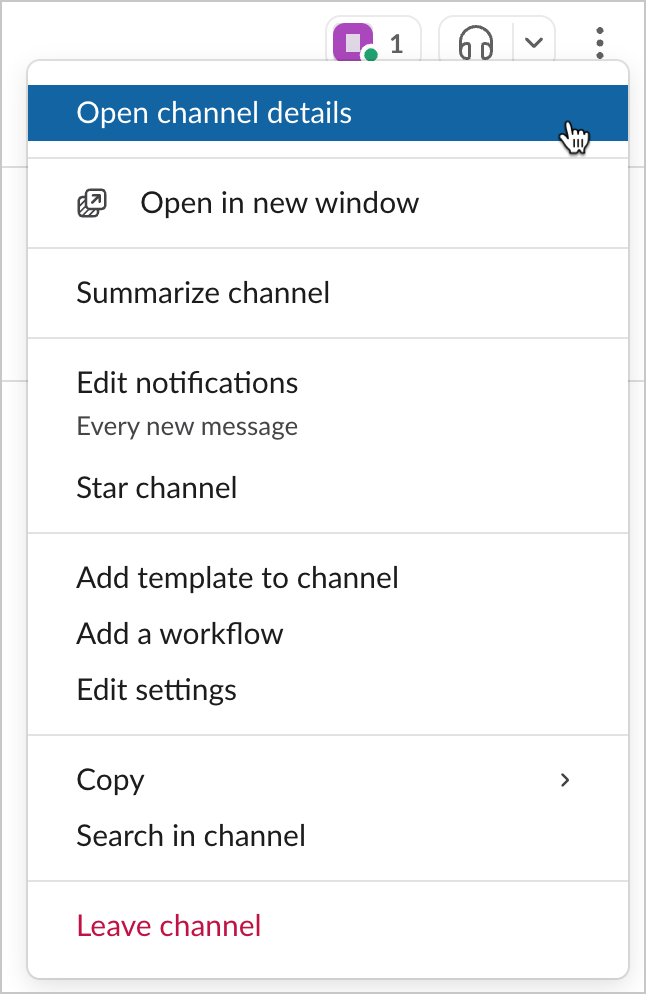 The more actions menu open with Open channel details highlighted in the list of menu options.