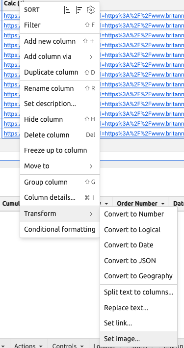 The column menu with the Transform submenu open and the Set image option highlighted.