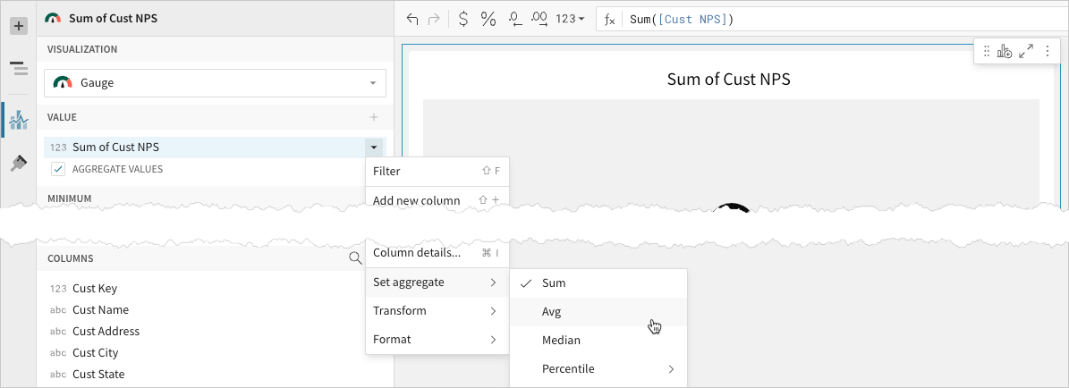 Sum of Cust NPS column menu with Set aggregate expanded, showing Sum, Avg, Median, and Percentile options with Avg highlighted.