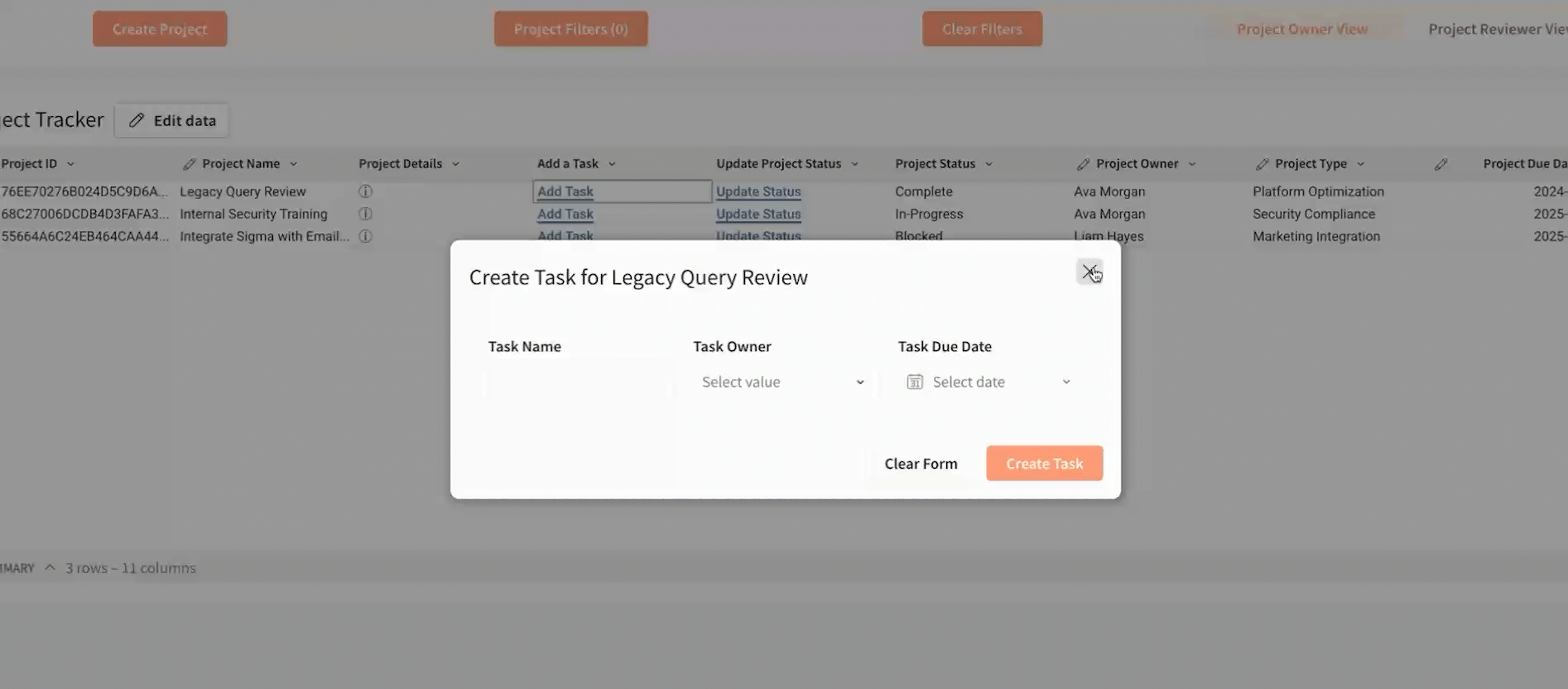 A project tracker application, with a new task being entered and added to a project via the Add Task modal.