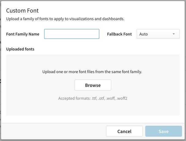 The Custom Font modal with an empty Font Family Name field and Fallback Font set to Auto.