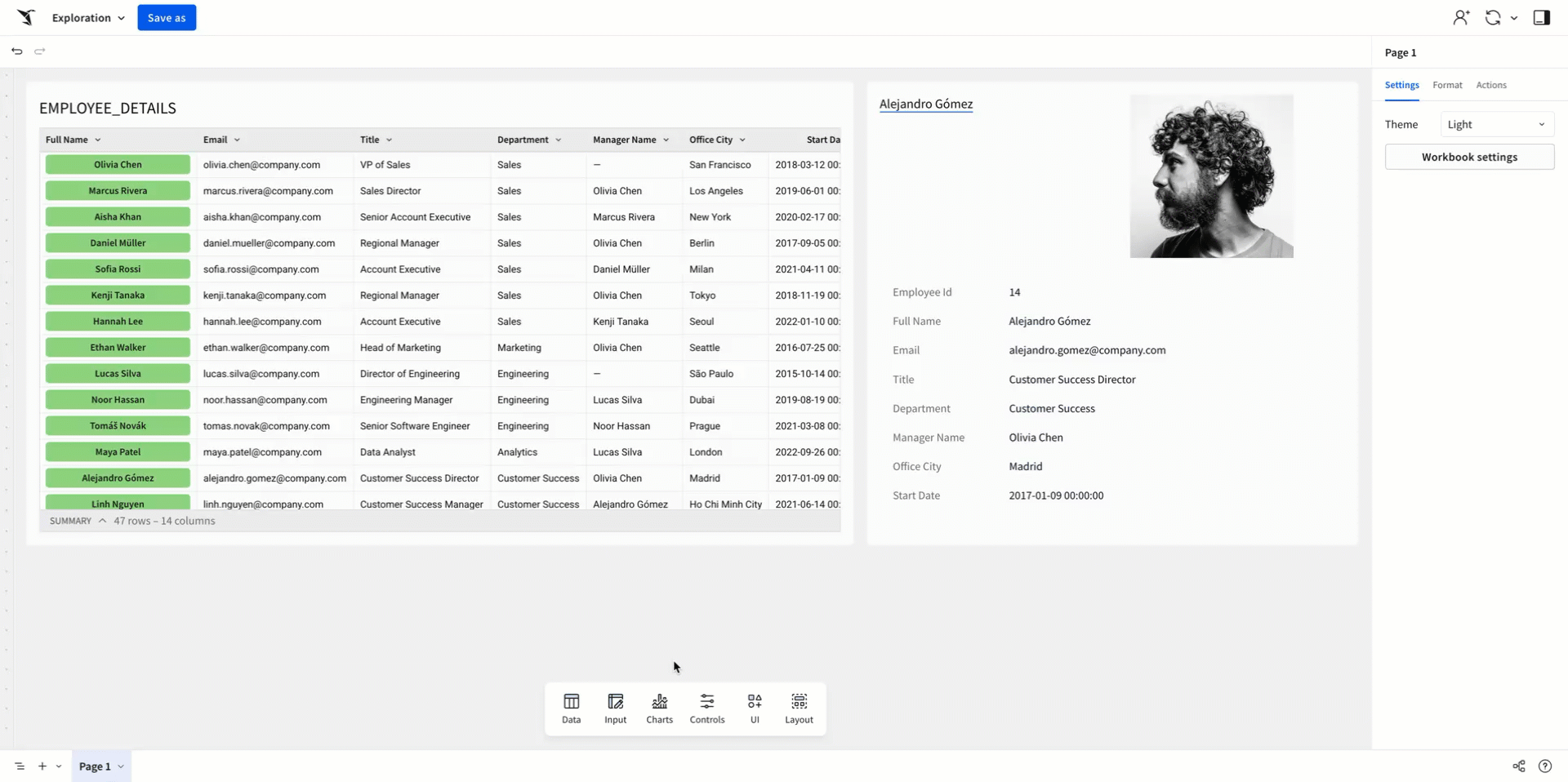 A user clicks through multiple rows in a customers table. A single row container element updates to reflect the details of each selected customer.