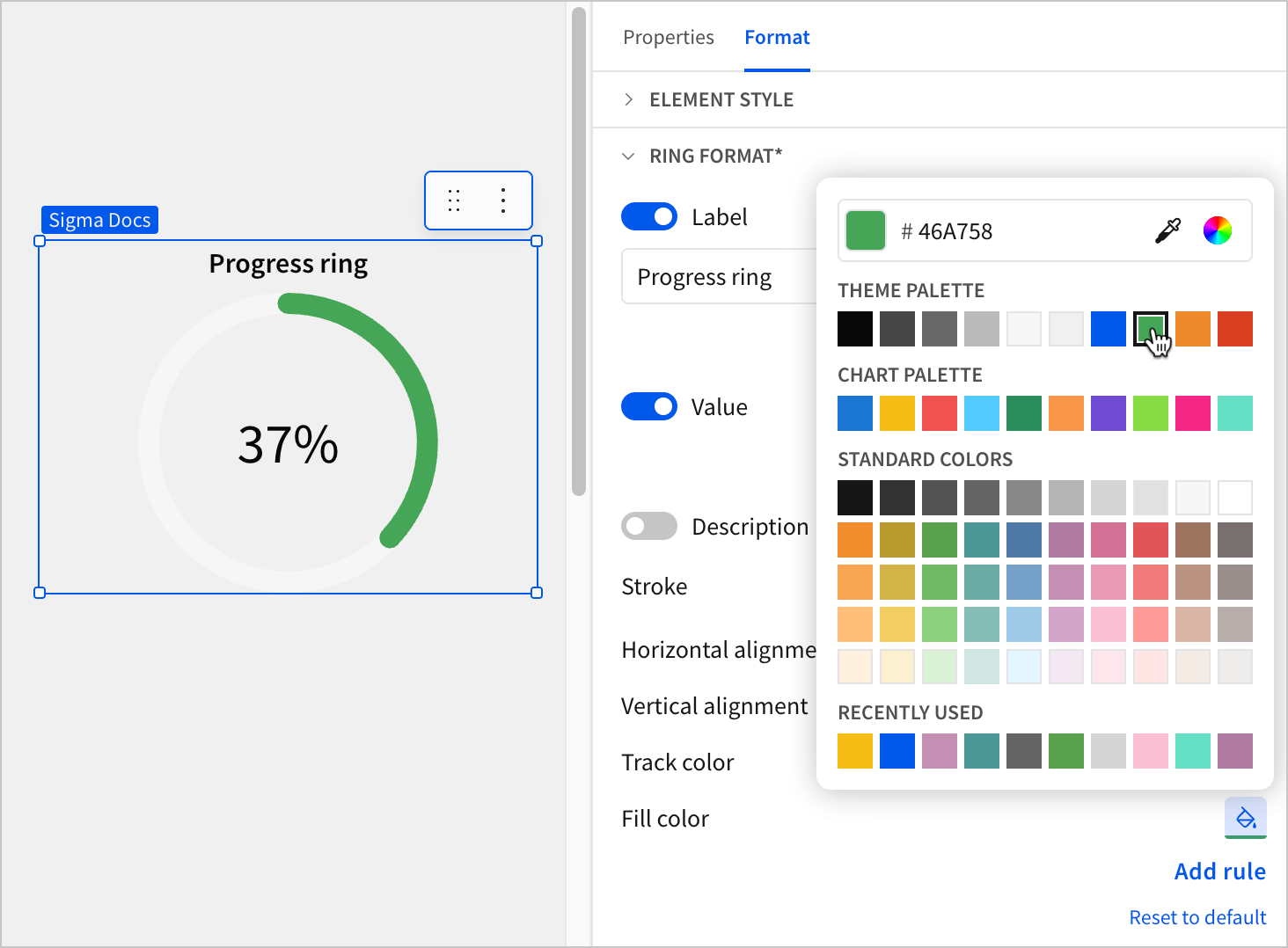 Progress ring element at 37% selected in the workbook, with the Format tab open in the editor panel, the Ring format section expanded, and a color picker open showing a green swatch selected under Fill color.