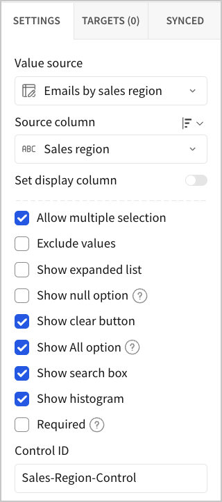 The control Settings tab with Value source set to Emails by sales region, Source column set to Sales region, and the Control ID set to Sales-Region-Control.