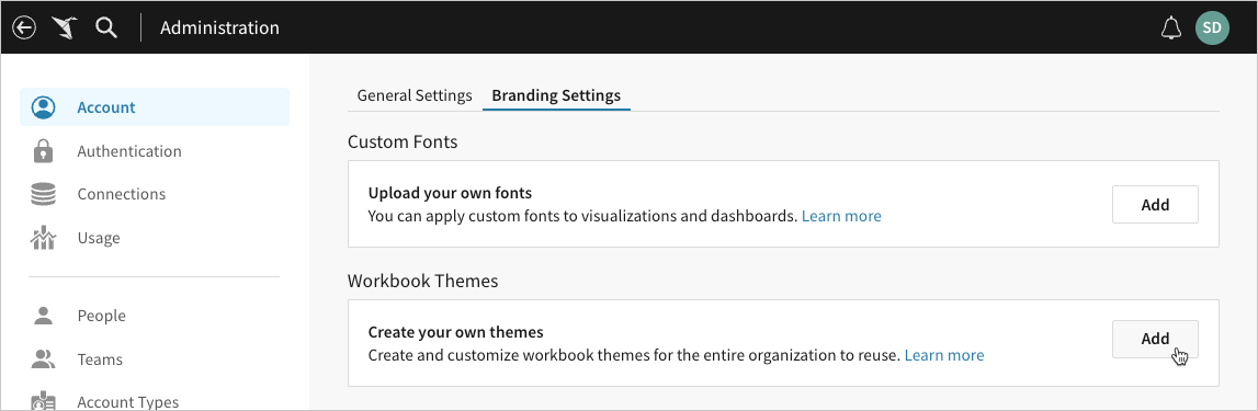Image of a cursor hovering over the Add button in the Create your own themes section of the Workbook Themes section of the Branding Settings tab.
