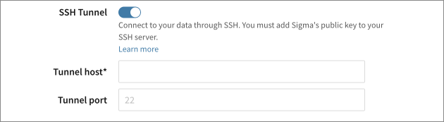The SSH Tunnel toggle switched on in the Connection Credentials section, revealing the Tunnel host and Tunnel port fields with 22 as the default port.