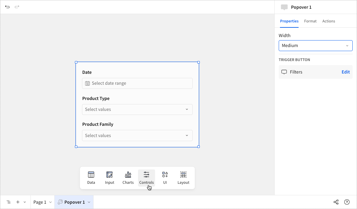 The popover configuration page with a container of date and dropdown controls, and the cursor hovering over the Controls option in the Add element bar.