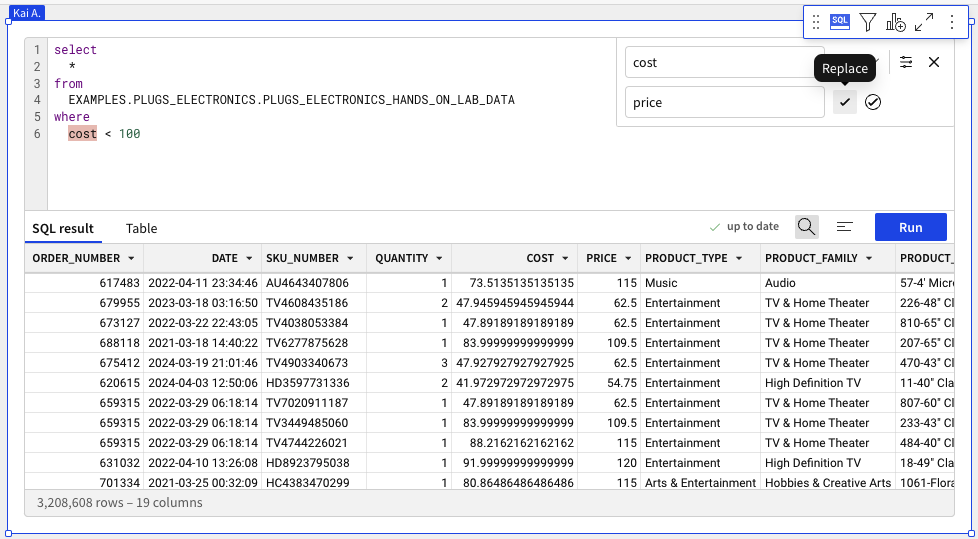 SQL editor with find and replace option open, searching for the word Cost in a SQL query and replacing it with the word Price.